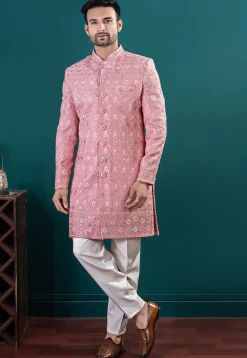 Embroidered Art Silk Sherwani in Pink