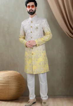 Embroidered Art Silk Sherwani in Shaded Grey and Yellow