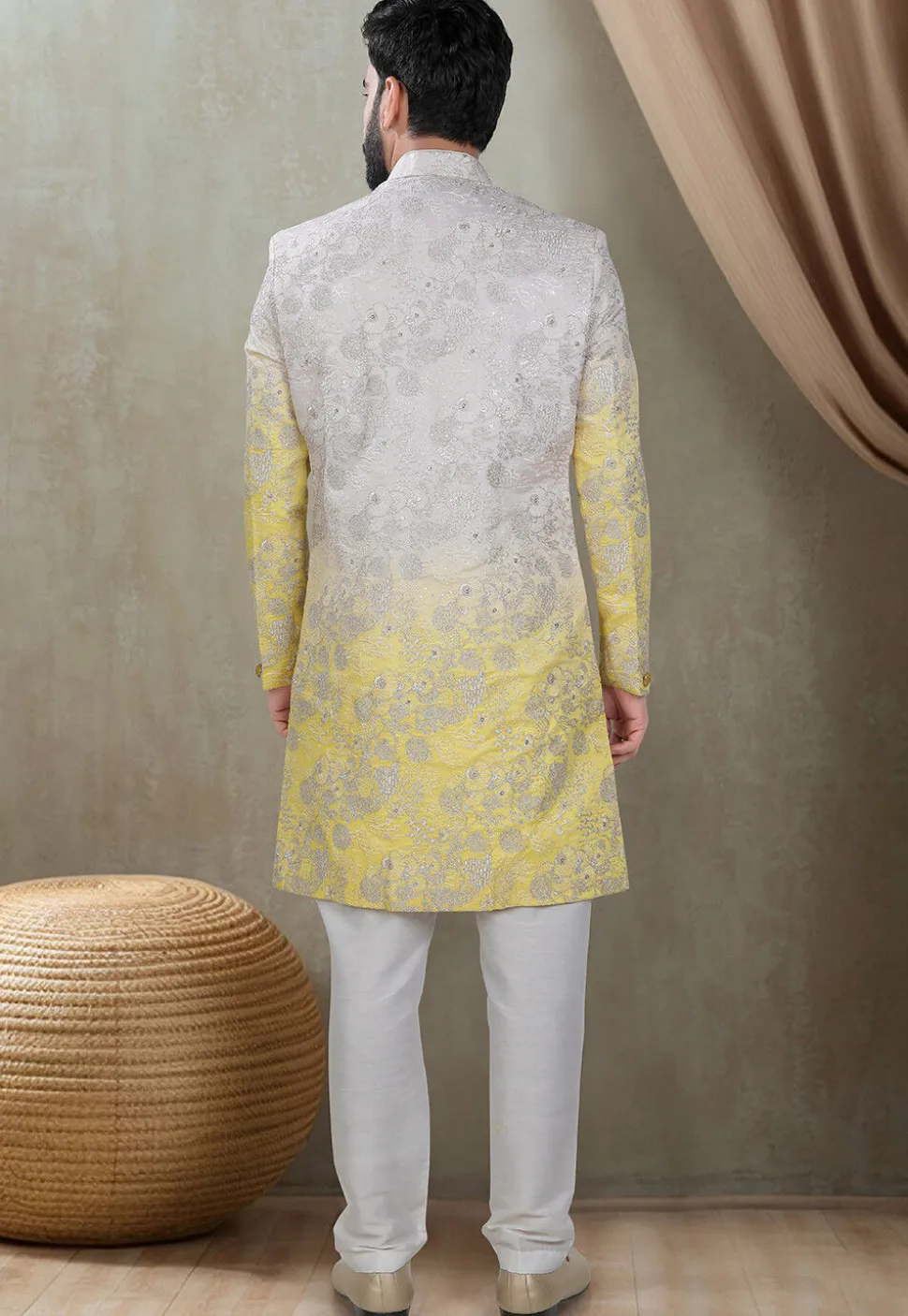 Embroidered Art Silk Sherwani in Shaded Grey and Yellow