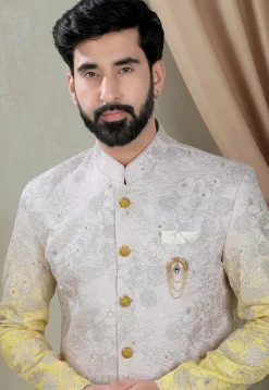 Embroidered Art Silk Sherwani in Shaded Grey and Yellow