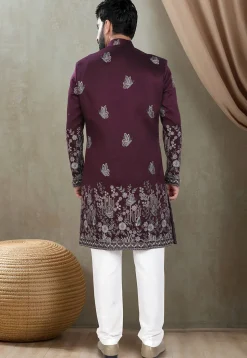 Embroidered Art Silk Sherwani in Purple