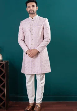 Embroidered Art Silk Sherwani in Pink