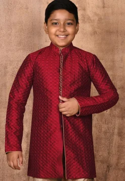 Embroidered Art Silk Sherwani Set in Maroon