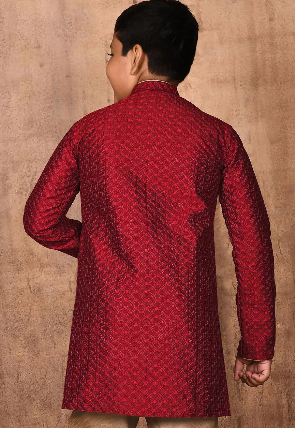 Embroidered Art Silk Sherwani Set in Maroon