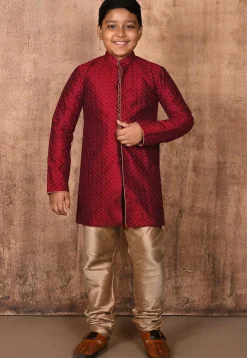 Embroidered Art Silk Sherwani Set in Maroon