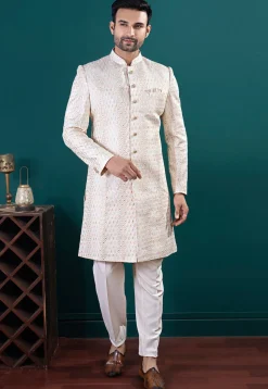 Embroidered Art Silk Sherwani in Cream