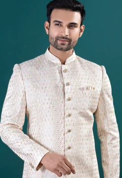 Embroidered Art Silk Sherwani in Cream