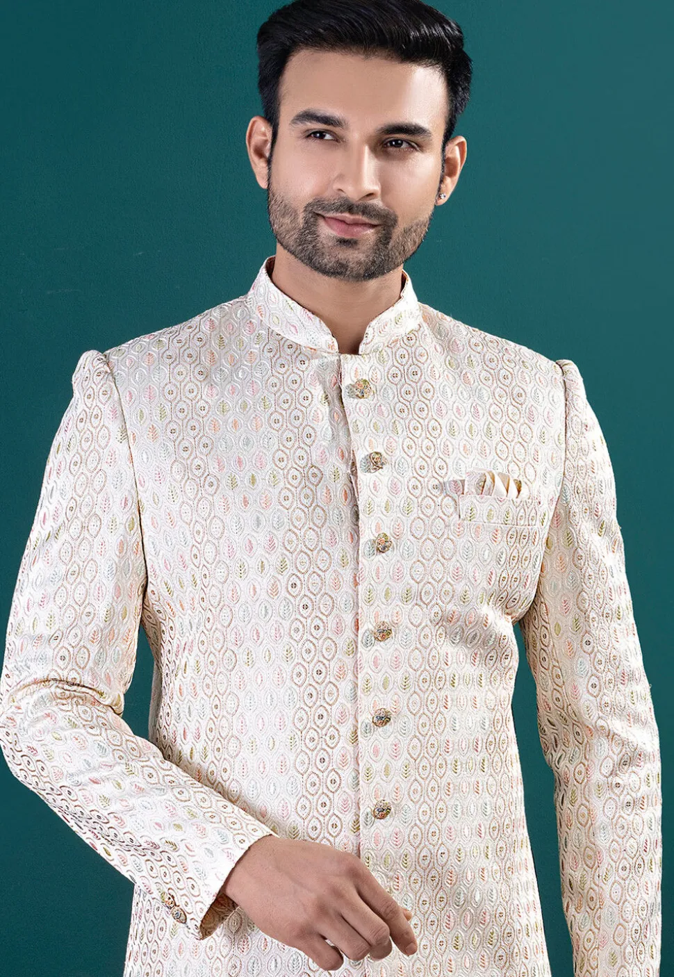 Embroidered Art Silk Sherwani in Cream