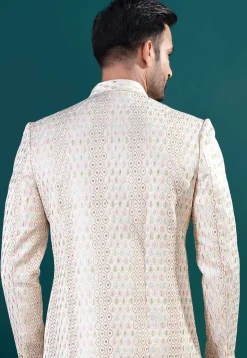 Embroidered Art Silk Sherwani in Cream