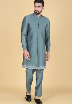 Embroidered Art Silk Sherwani in Dusty Green and Dusty Blue