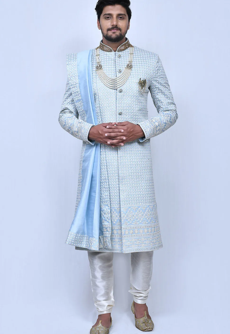 Embroidered Art Silk Sherwani in Sky Blue