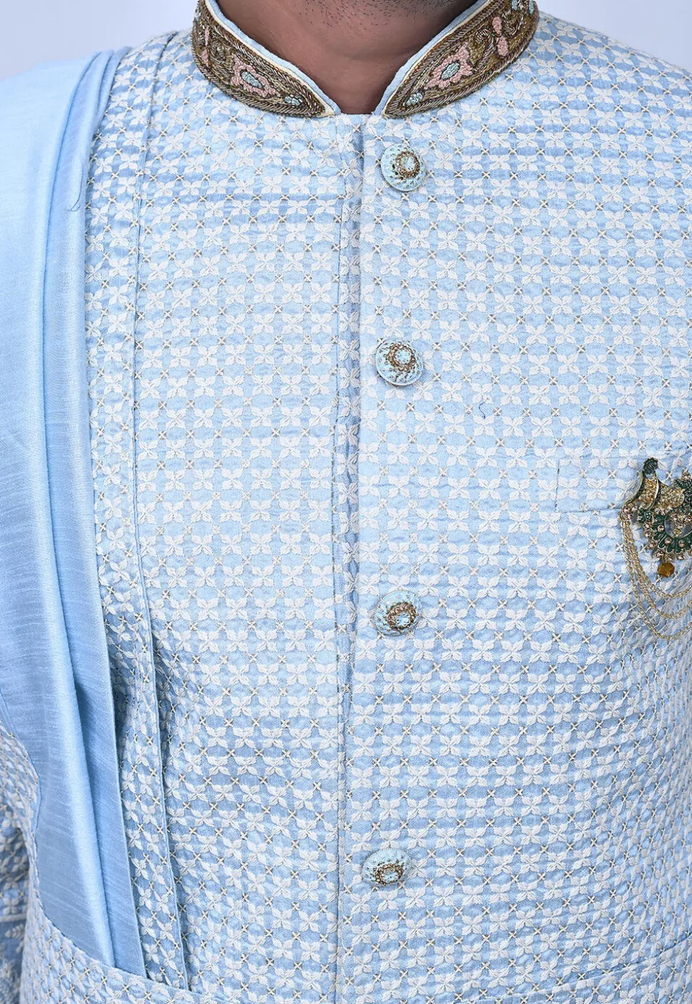 Embroidered Art Silk Sherwani in Sky Blue