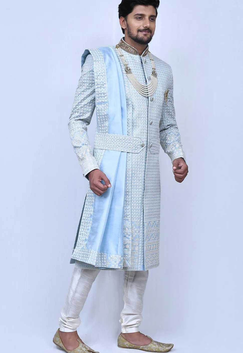 Embroidered Art Silk Sherwani in Sky Blue