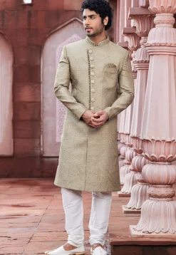 Embroidered Art Silk Sherwani in Beige