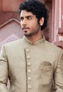 Embroidered Art Silk Sherwani in Beige