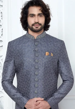 Embroidered Art Silk Sherwani in Dusty Blue