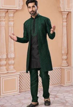 Embroidered Art Silk Sherwani in Dark Green and Black