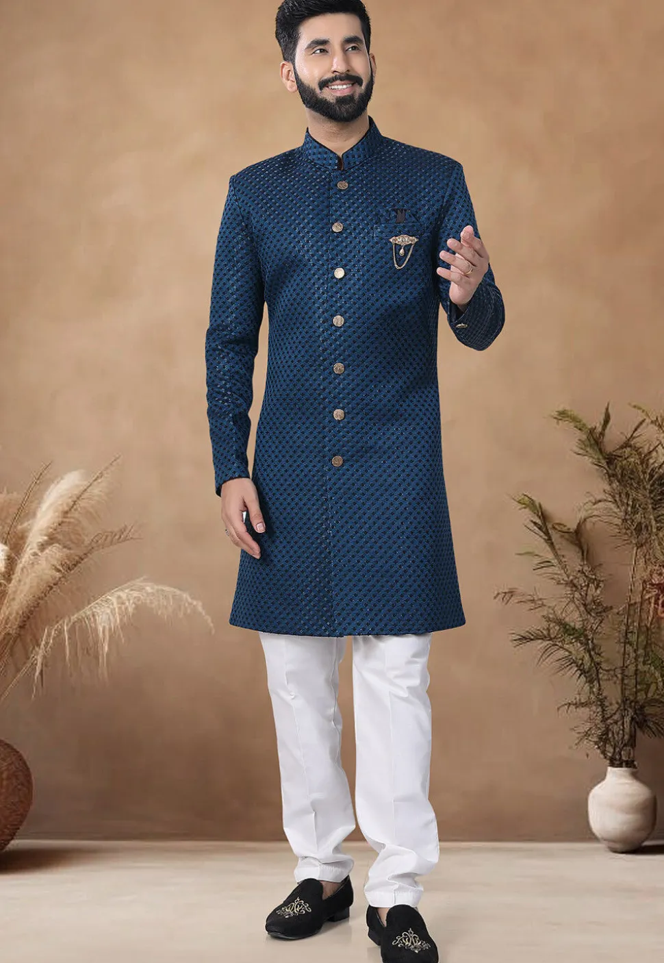 Embroidered Art Silk Sherwani in Teal Blue
