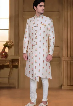Embroidered Art Silk Sherwani in Off White