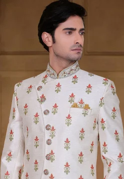 Embroidered Art Silk Sherwani in Off White