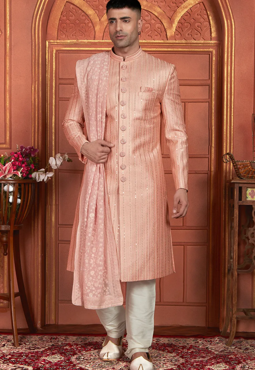 Embroidered Art Silk Sherwani in Peach