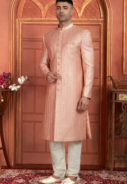 Embroidered Art Silk Sherwani in Peach