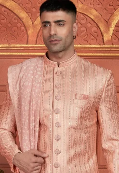 Embroidered Art Silk Sherwani in Peach