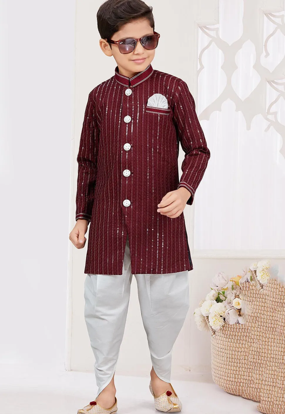 Embroidered Art Silk Sherwani in Dark Maroon