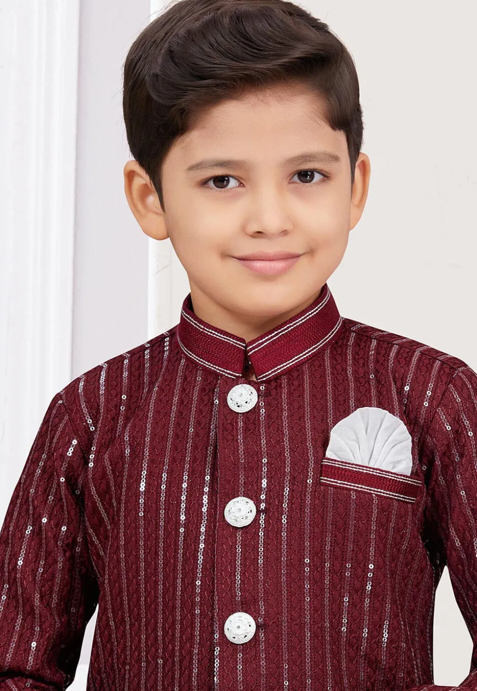 Embroidered Art Silk Sherwani in Dark Maroon