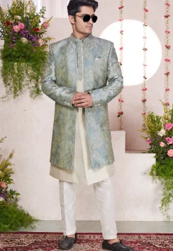 Embroidered Art Silk Sherwani in Cream