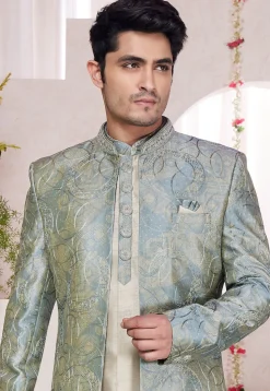 Embroidered Art Silk Sherwani in Cream