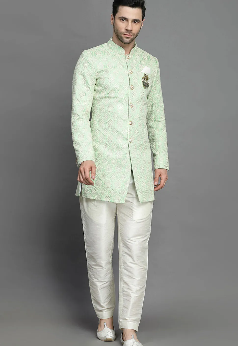 Embroidered Art Silk Sherwani in Light Green