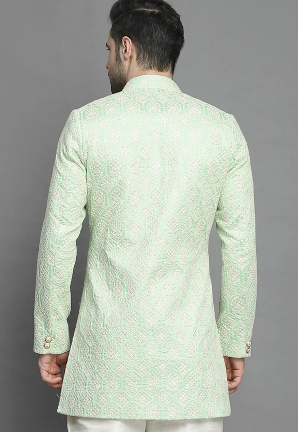 Embroidered Art Silk Sherwani in Light Green