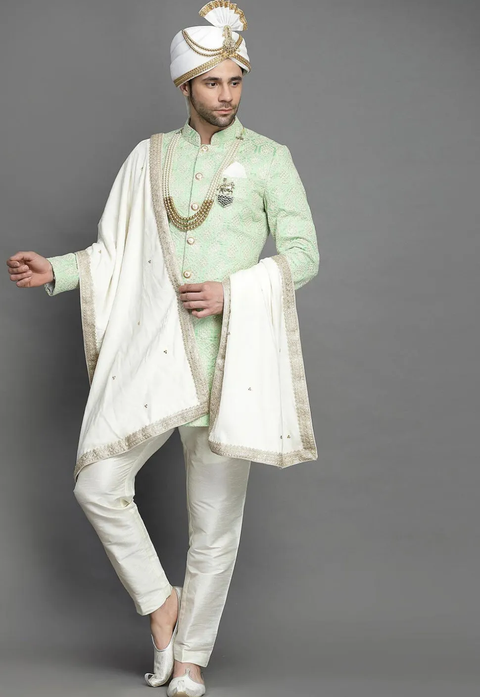 Embroidered Art Silk Sherwani in Light Green