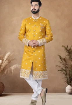 Embroidered Art Silk Sherwani in Yellow