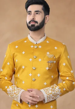 Embroidered Art Silk Sherwani in Yellow