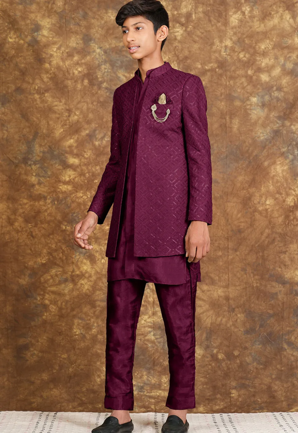 Embroidered Art Silk Sherwani in Wine