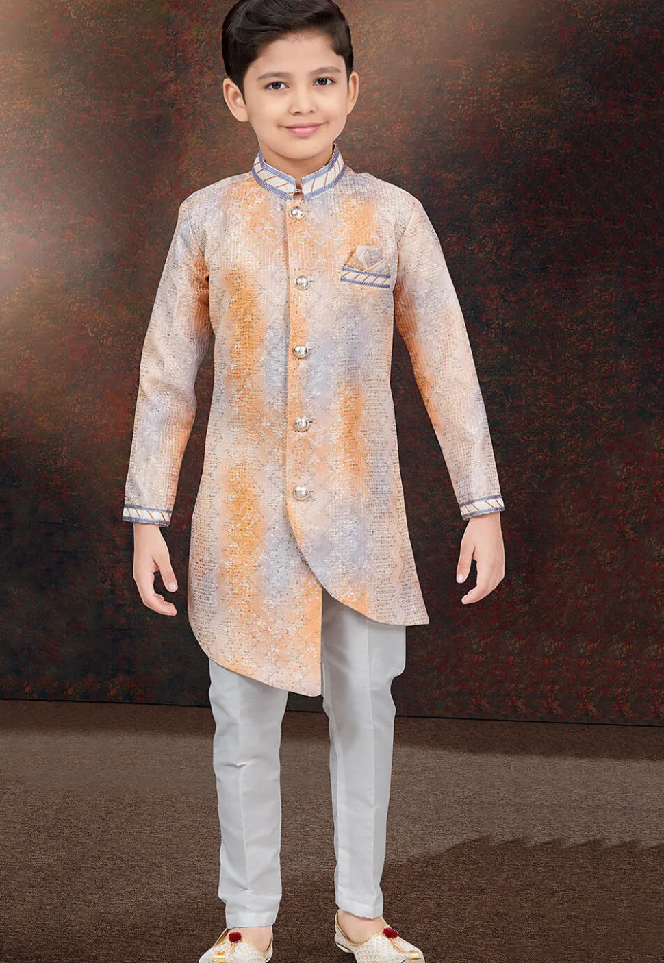Embroidered Art Silk Sherwani in Orange and Grey