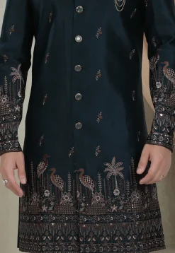 Embroidered Art Silk Sherwani in Teal Blue