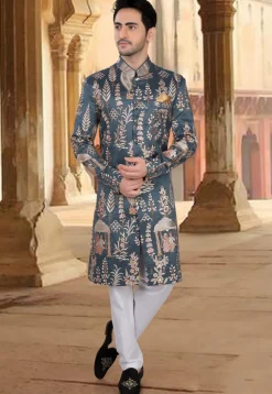 Embroidered Art Silk Sherwani in Grey