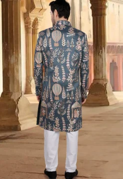 Embroidered Art Silk Sherwani in Grey