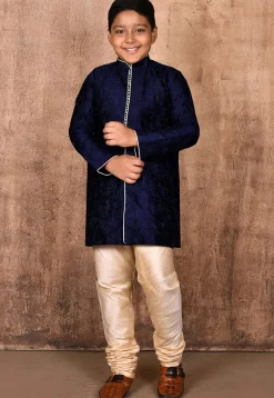 Embroidered Art Silk Sherwani Set in Navy Blue