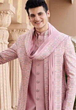 Embroidered Art Silk Sherwani in Pink