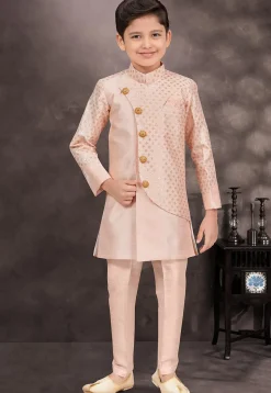 Embroidered Art Silk Sherwani in Peach