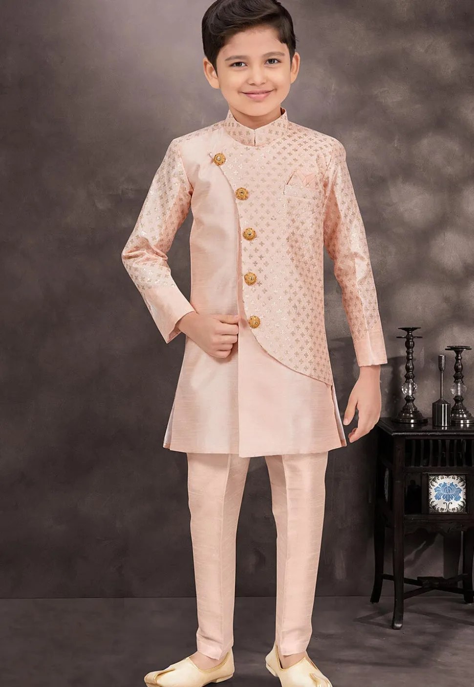 Embroidered Art Silk Sherwani in Peach