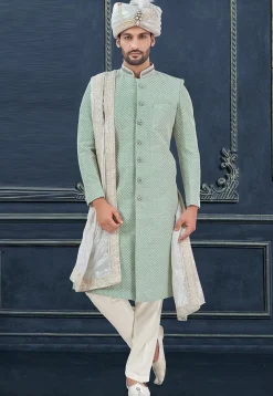 Embroidered Art Silk Sherwani in Sea Green