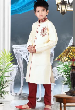 Embroidered Art Silk Sherwani Set in Cream