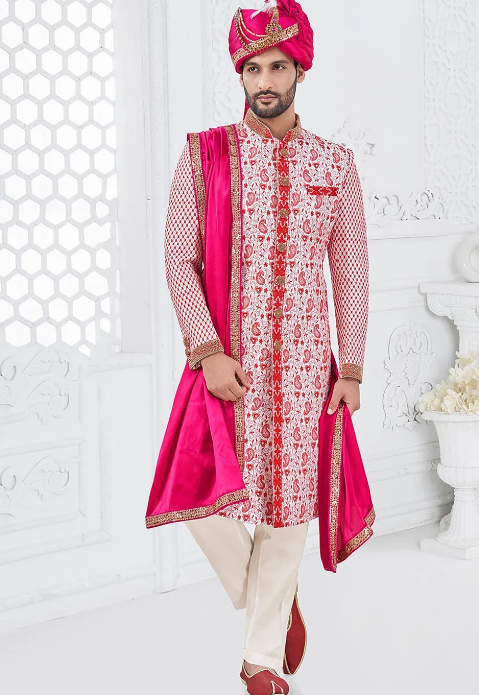Embroidered Art Silk Sherwani in White