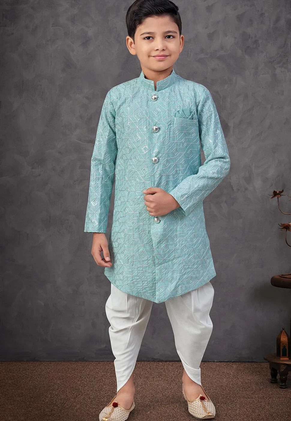 Embroidered Art Silk Sherwani in Blue