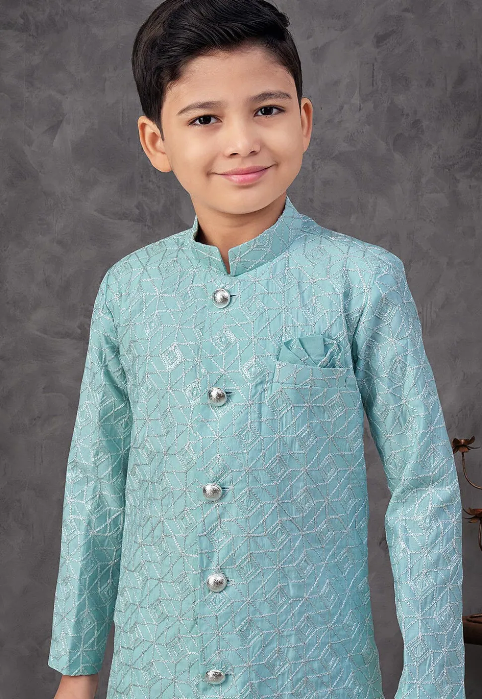 Embroidered Art Silk Sherwani in Blue